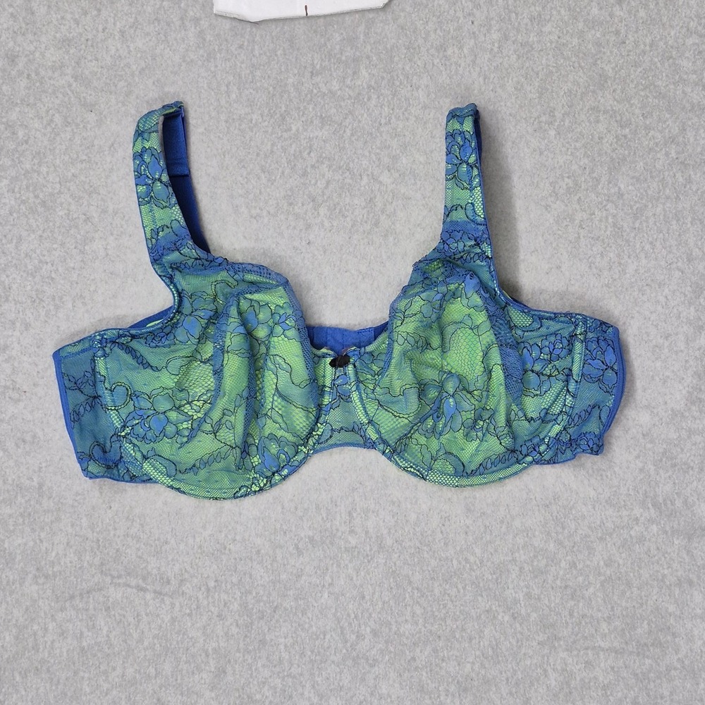 Cacique Women Bra 44DD Blue Floral T Shirt Underwired Lace Bow Mesh